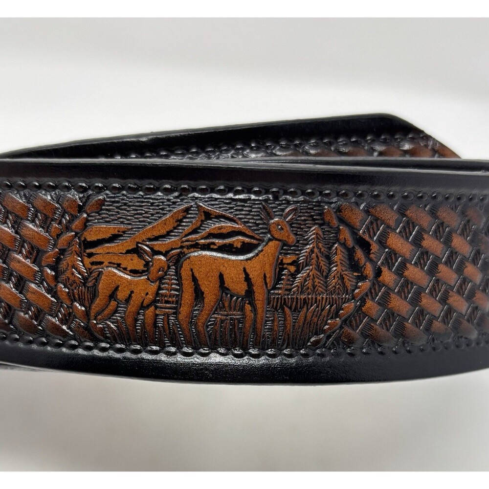 Tooled Genuine Leather Men’s Size 44” Brown Buck Design Basketweave Work Belt